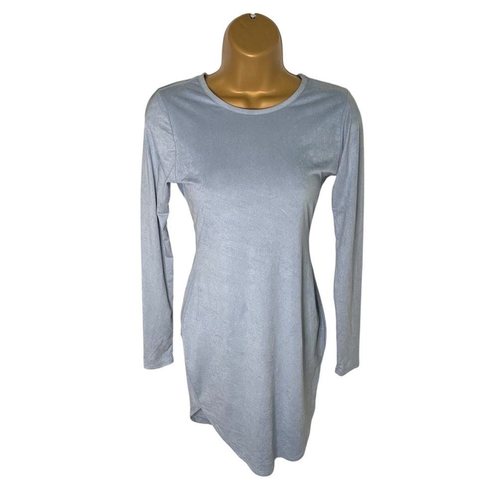 Windsor Faux Suede Bodycon Mini Dress XS Blue Long Sleeve Stretch Velour Look